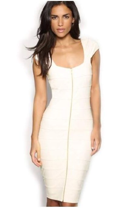 F66616  White Cap Sleeve Front Zip Bodycon Pencil Dress